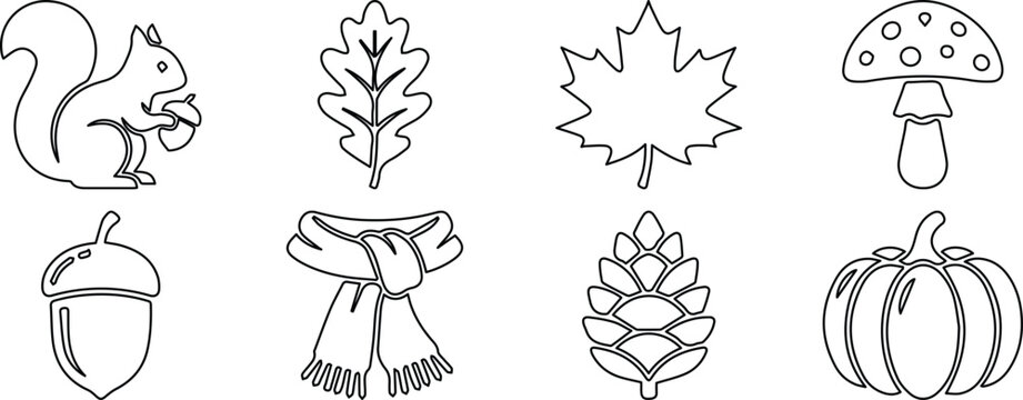 Autumn line icons set with squirrel and pumpkin, 8 seasonal vector elements, fall nature symbols for coloring or minimalist design