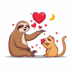 Obraz premium Cute Sloth and Meerkat Sharing Hearts