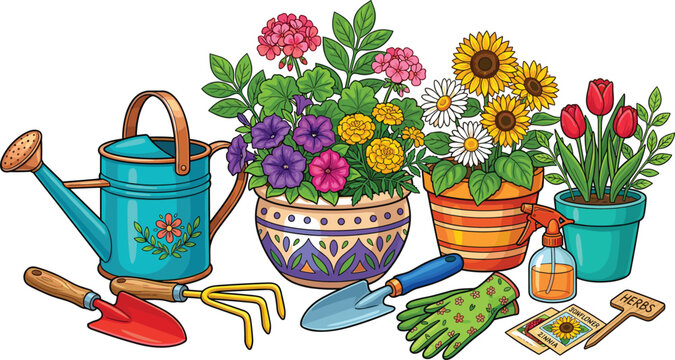 Spring Gardening Equipment and Blooming Potted Flowers Vector Set with Watering Can Trowel Gloves Sunflowers Tulips and Petunias for Backyard Hobby Graphic Designs
