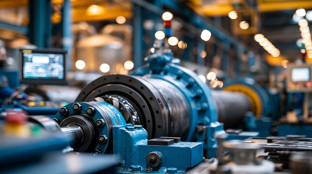 Iron pipe centrifugal casting machine operating inside a foundry under clean factory lighting with strong lines and organized engineering detail, capturing material logistics, fabrication,
