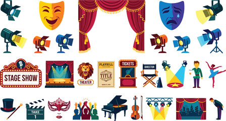 Theater Stage and Entertainment Icon Set with Comedy Tragedy Masks Red Curtains Spotlights Tickets and Clapperboard for Drama Performance Graphic Vector Designs © Ckd