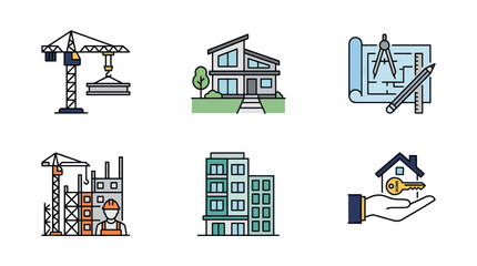 Construction and Real Estate Icons: House, Crane, Blueprint, Building, Architect © umi
