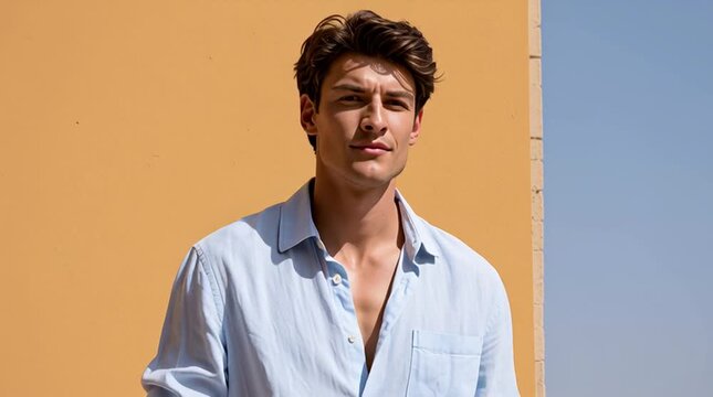 Un hombre posa para una campa&ntilde;a de ropa de verano, Camisa de color azul