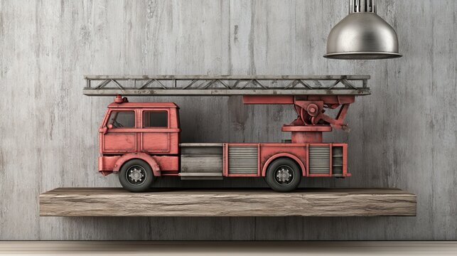 Fire engine truck on wooden shelf against wall background, detailed 3D rendering featuring emergency vehicle, miniature display, transportation theme, interior decor and firefighting concept