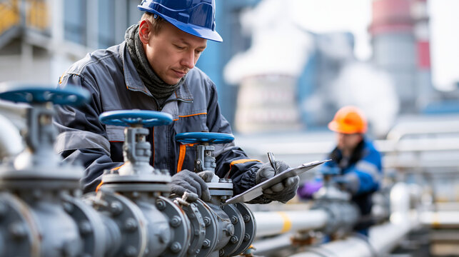 Exterior cooling system pipeline valves inspected by industrial technicians captured in documentary stock photography style with clear technical composition, emphasizing mechanical