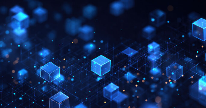 3D glowing digital cubes form a futuristic network, representing blockchain, data storage and digital technology concepts.