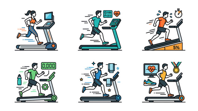Fitness Workout Icons: People Running on Treadmills with Health Data