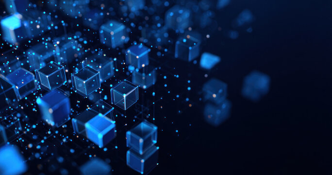 3D rendered glowing blue digital cubes float as a futuristic network of data nodes against a dark backdrop, representing modern tech concepts.