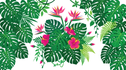 Fototapeten Tropische Blätter Tropical Jungle Vector Background Featuring Monstera Leaves Bird of Paradise Flowers and Pink Hibiscus for Summer Party Templates and Exotic Textile Designs  © Ckd