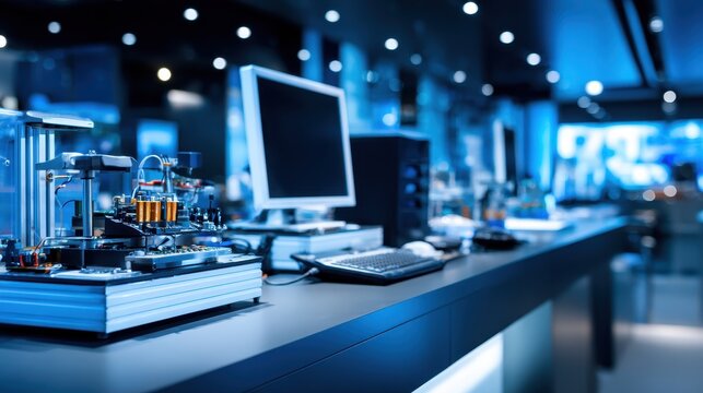 Advanced engineering lab with intricate electronic prototypes and futuristic digital workstations