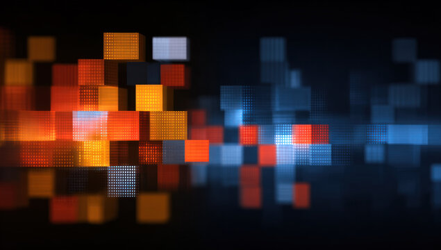 Abstract digital block graphics show warm orange-red and cool blue blocks arranged on a dark background, creating a contrasting visual effect.