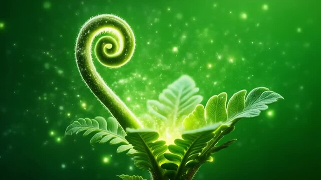 Green leaves growing fern fiddlehead with magical glow