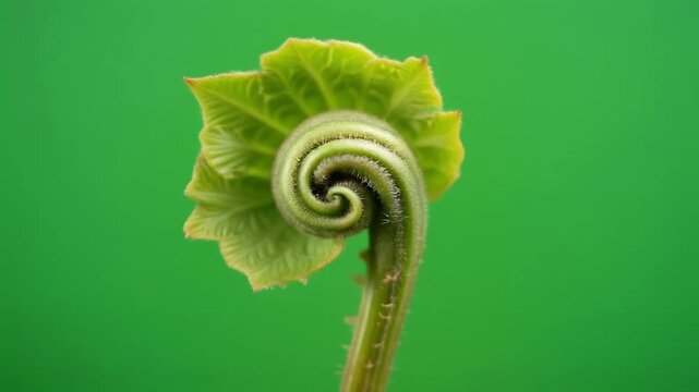 green leaves growing fern fiddlehead uncurling in sequence