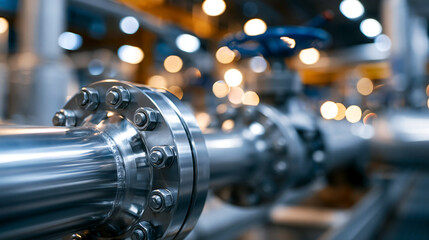 Fototapeta premium Close-up of pipeline elements and bolted joints at an industrial plant under clean factory lighting with strong lines and organized engineering detail, capturing material logistics,