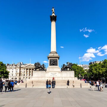 Historic Nelsons Column Standing in Busy Trafalgar Square London