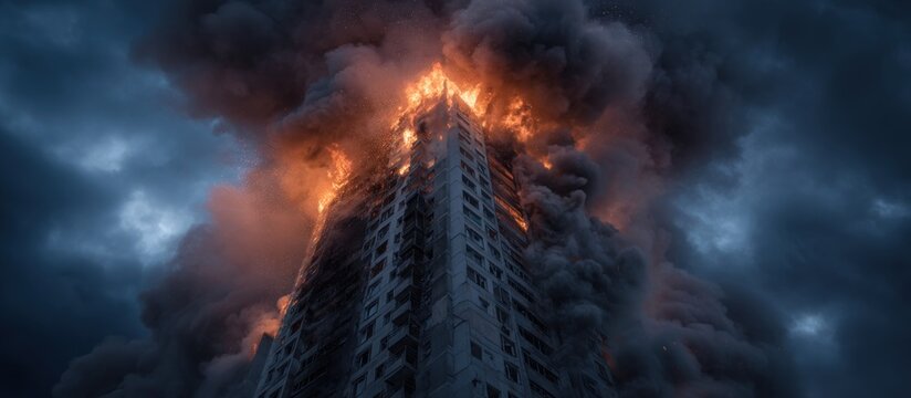 Burning skyscraper against a dark, cloudy sky