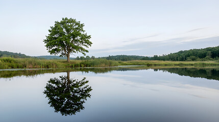 Obraz premium Single green tree on the lake bank reflecting perfectly on calm water mirror surface with clear blue sky and lush forest background summer landscape 