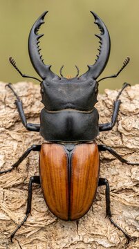 Close-up shot of a stag beetle featuring massive curved mandibles on textured tree bark background