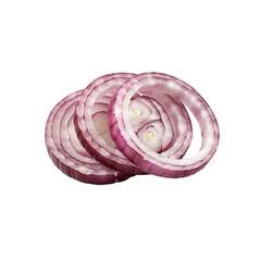 Fototapeta premium Three thin circular slices of fresh red onion stacked slightly offset to show the translucent purple and white rings on a black background