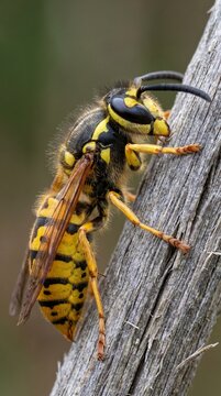 Extreme macro photography of a common yellow jacket wasp resting on weathered dry wood in natural outdoor sunlight