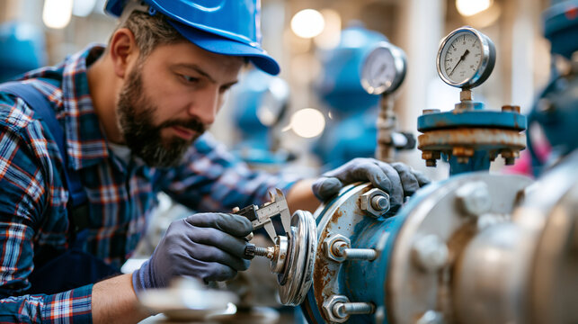 Factory worker using calipers to measure a metal pipe indoors with realistic metal textures, bolts, gauges and worn industrial surfaces, showing maintenance workflow, quality inspection and