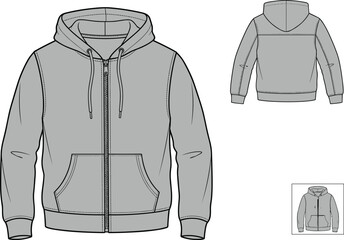 Men gray zip up hoodie sweatshirt technical sketch fashion flat colored vector illustration template mockup set © Smith Rasel