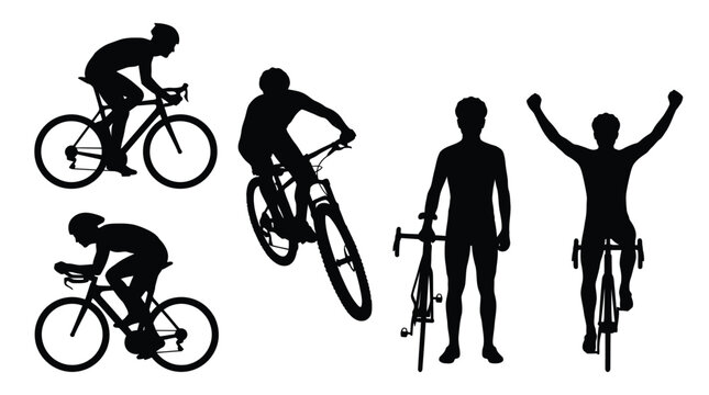Cyclist silhouettes in various poses riding bicycles on roads and trails