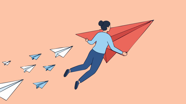 Businesswoman flying red paper plane leading small paper planes, leadership concept