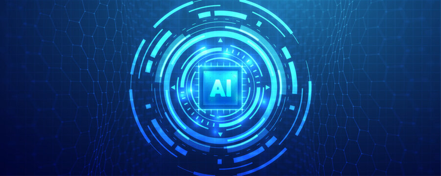 Artificial intelligence microprocessor with AI symbol, digital brain and future technology concept on a blue background.