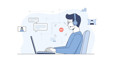 Fototapeta premium Virtual Communication and Remote Work - Man with Headset on Laptop