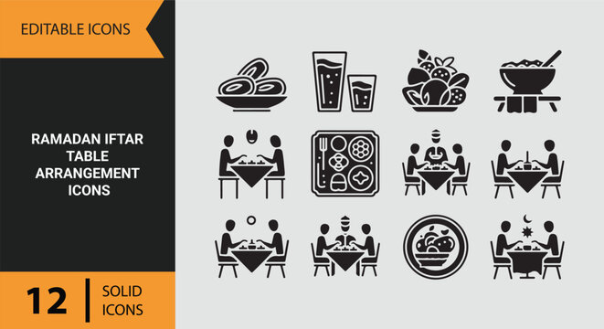 Ramadan iftar table dining traditional food sharing family gathering setup icons collection