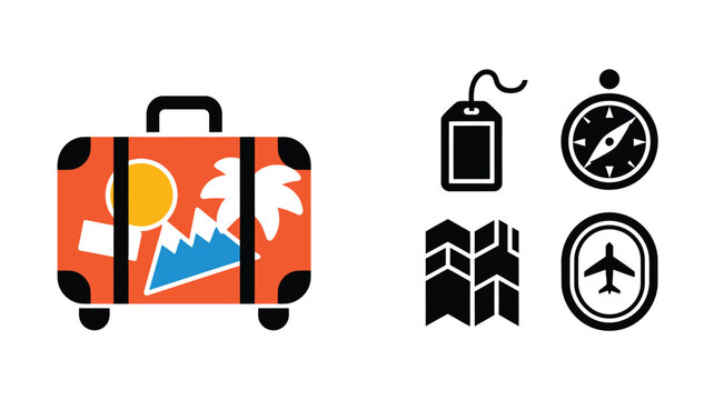 Travel and vacation icons set flat design illustration featuring a red suitcase with stickers, a luggage tag, a compass, a folded map, and an airplane in a window