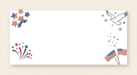 Fototapeta premium USA Independence Day Patriotic Banner with Stars Eagle and Flags on White Background Copy Space