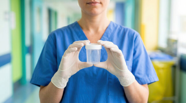 Nurse in blue scrubs holding sterile specimen cup in hospital corridor