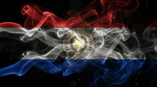 Paraguay Flag Smoke Effect with Emblem and Sparkles on Black Background