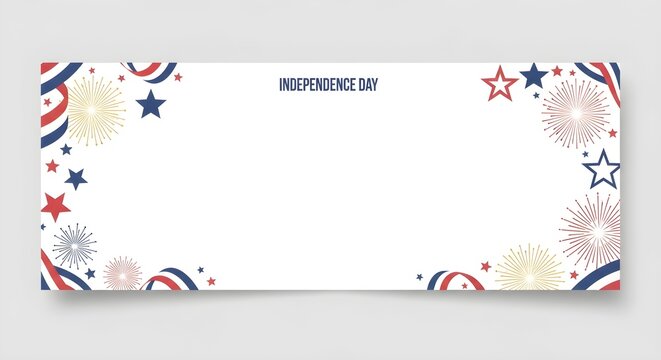 Patriotic USA Independence Day celebration horizontal banner with decorative red blue stars fireworks and ribbons on clean white copy space background vector illustration