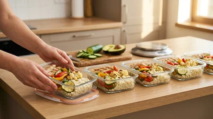 Fotobehang Kruidenier Healthy meal prep containers with grilled chicken vegetables and rice on kitchen counter  © tr144