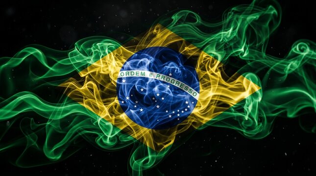 Brazilian Flag Abstract Smoke Art with Stars and Motto on Black Background