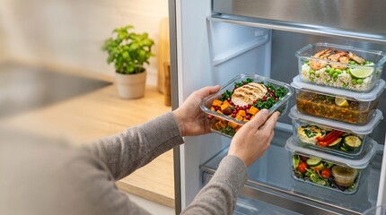 Meal prep healthy lunch in glass containers stored in refrigerator for weekly food planning © tr144