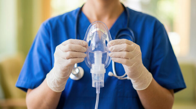 Faceless nurse holding clean oxygen mask medical staff blue scrub patient care hospital treatment respiratory device gloved
