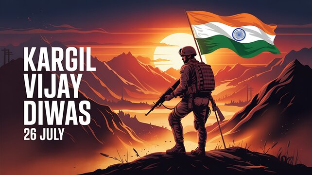 Indian soldier with flag for kargil vijay diwas celebration