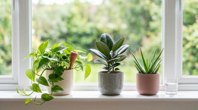 Indoor houseplants on bright windowsill with pothos rubber plant and aloe vera in pots