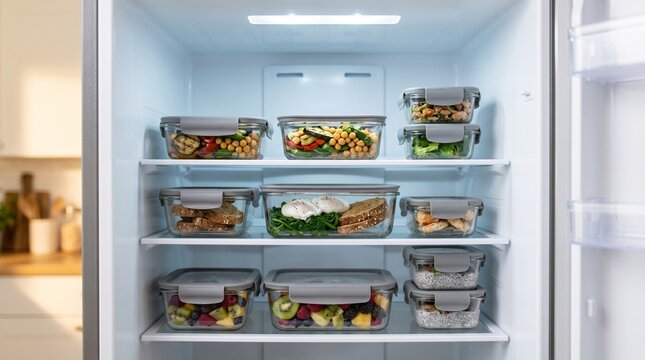 Meal prep glass containers with healthy food organized in refrigerator for weekly diet