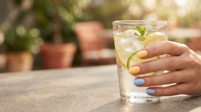 Hand holding refreshing citrus lemonade with lemon lime mint and ice on outdoor table copy space
