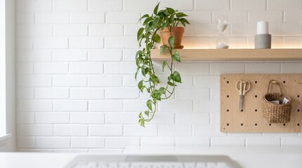Minimalist home office with hanging pothos plant on wooden shelf against white brick wall © tr144