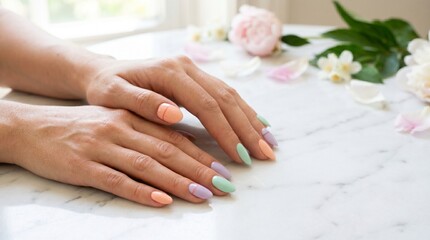 Naklejka premium Pastel manicure on woman hands with almond shape nails on marble table with flowers