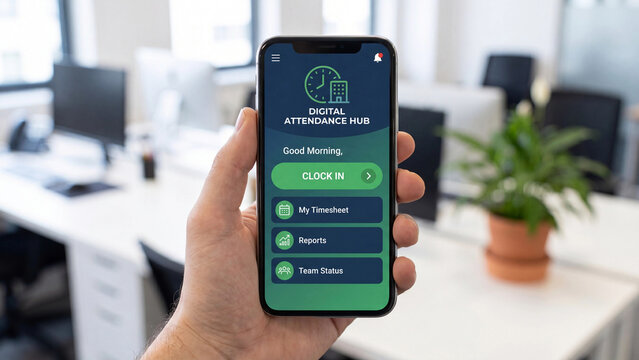 Digital attendance hub mobile application concept for employee workforce management including clock in tracking timesheet reporting team status and human resources technology solutions