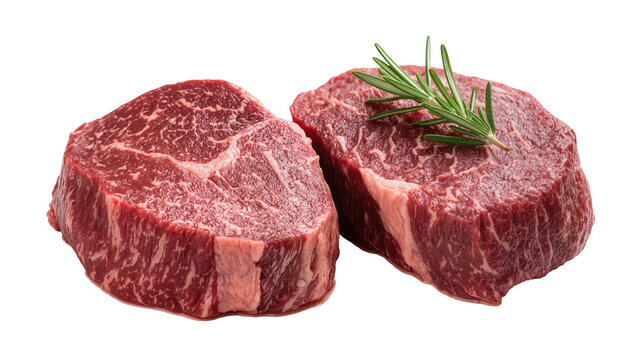 Two raw beef steaks with rosemary sprig