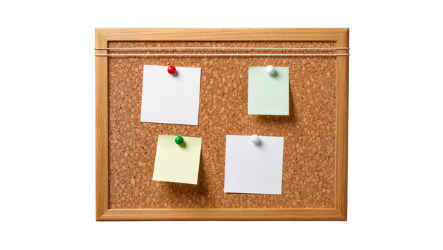 Cork bulletin board with four blank sticky notes and pushpins