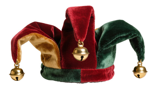 Jester hat with red green and gold velvet, adorned with golden bells